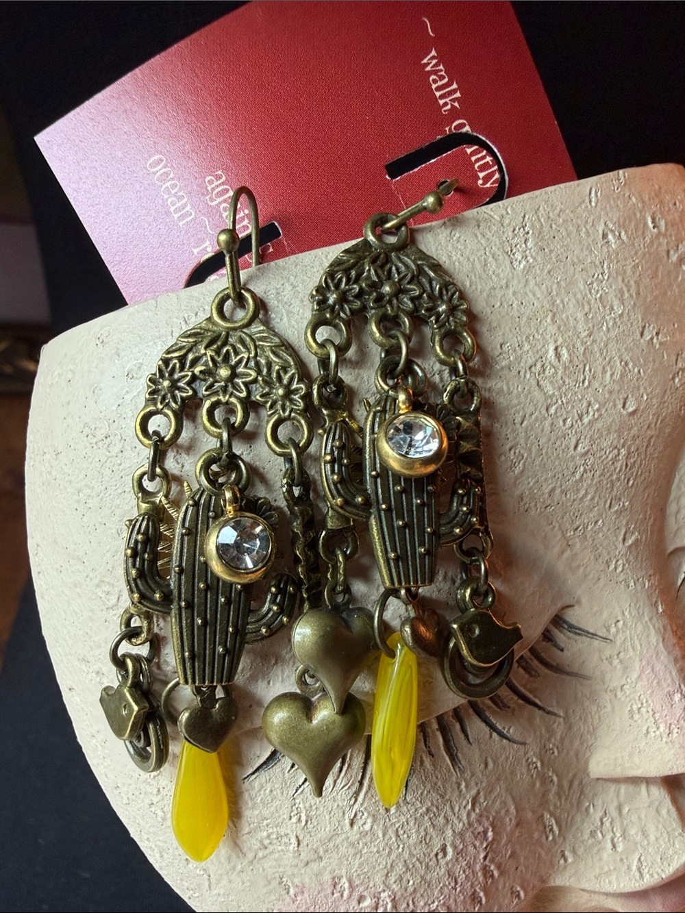 Boho Brass Cactus Dangle Earrings with Yellow Accent